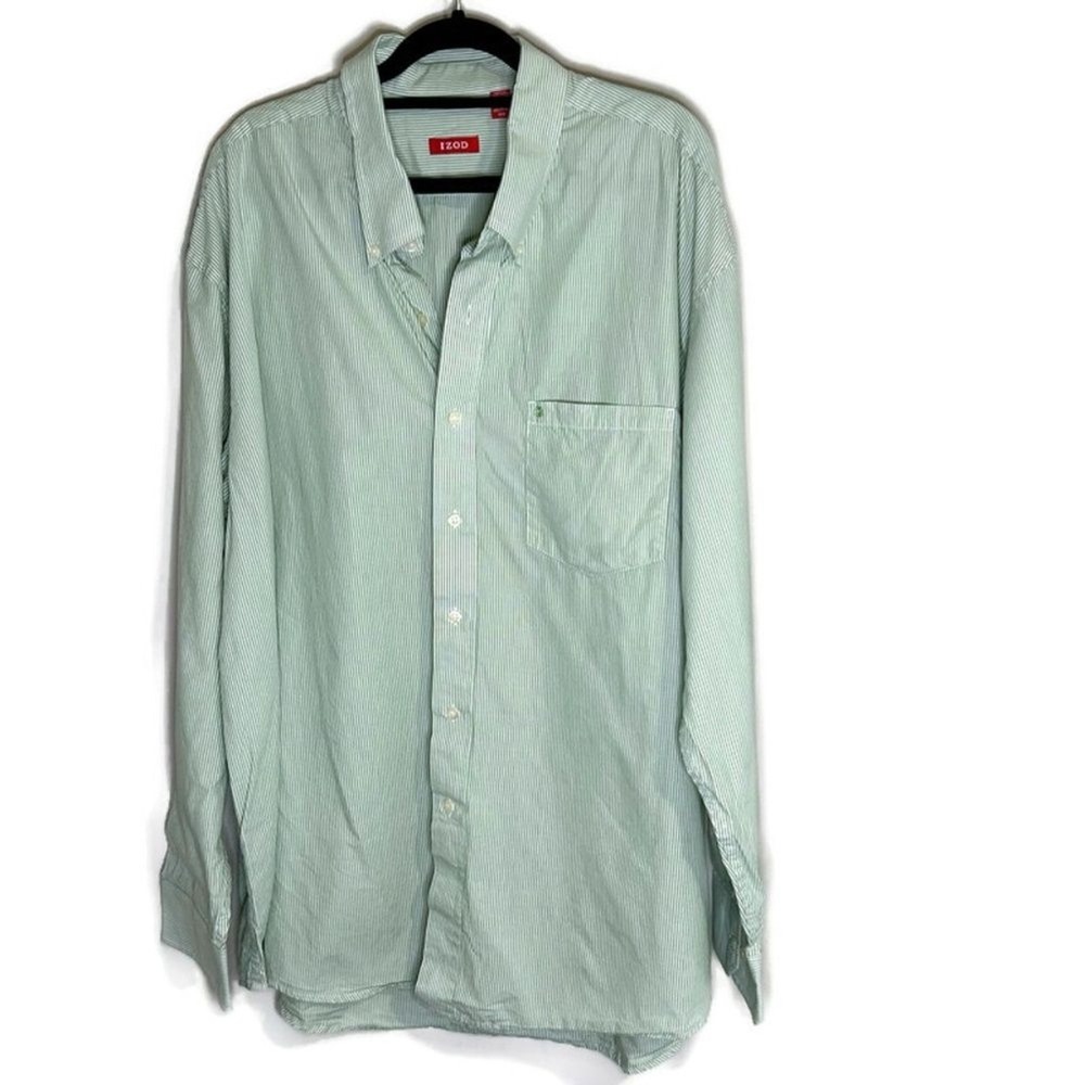 Izod Mens Long Sleeve Button Down Shirt XXL Green White Striped Pinstripe Cotton